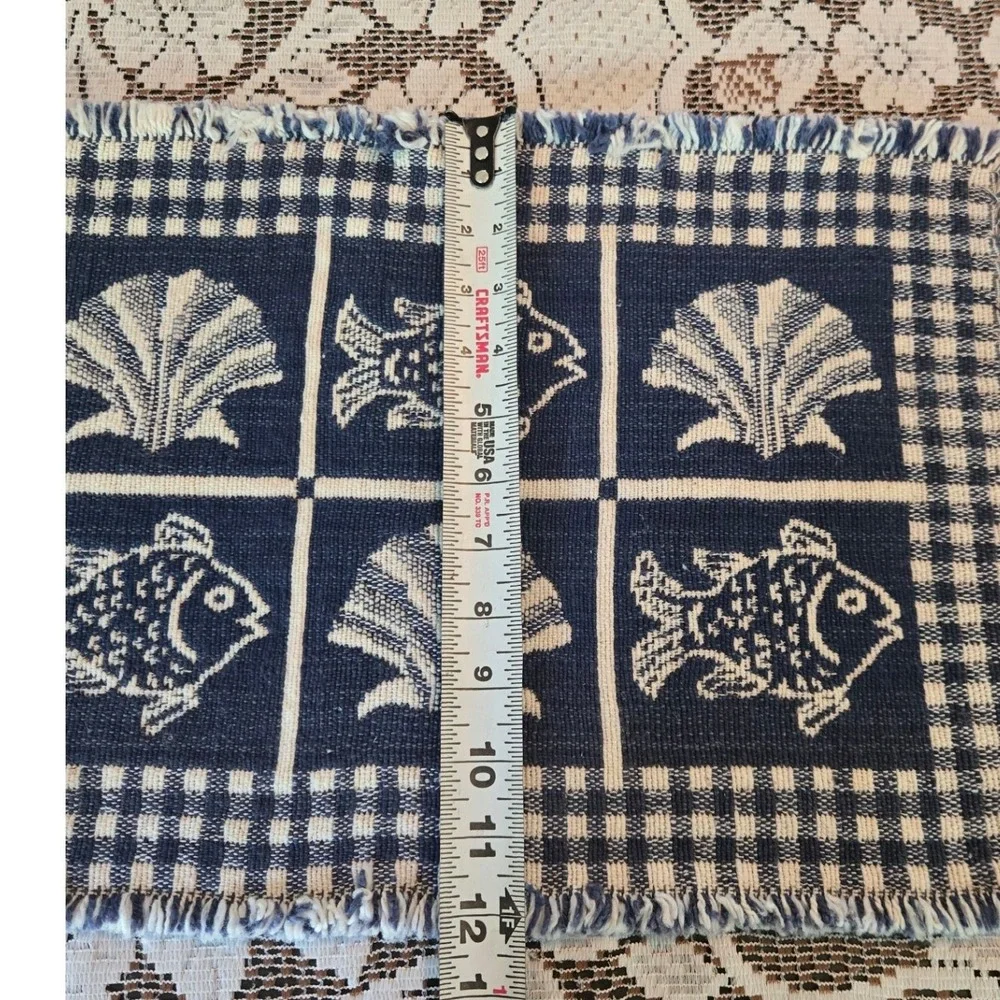 Vintage Coastal Navy Blue Woven Fish and Shell Placemats Set of 2 Fringed 12x17